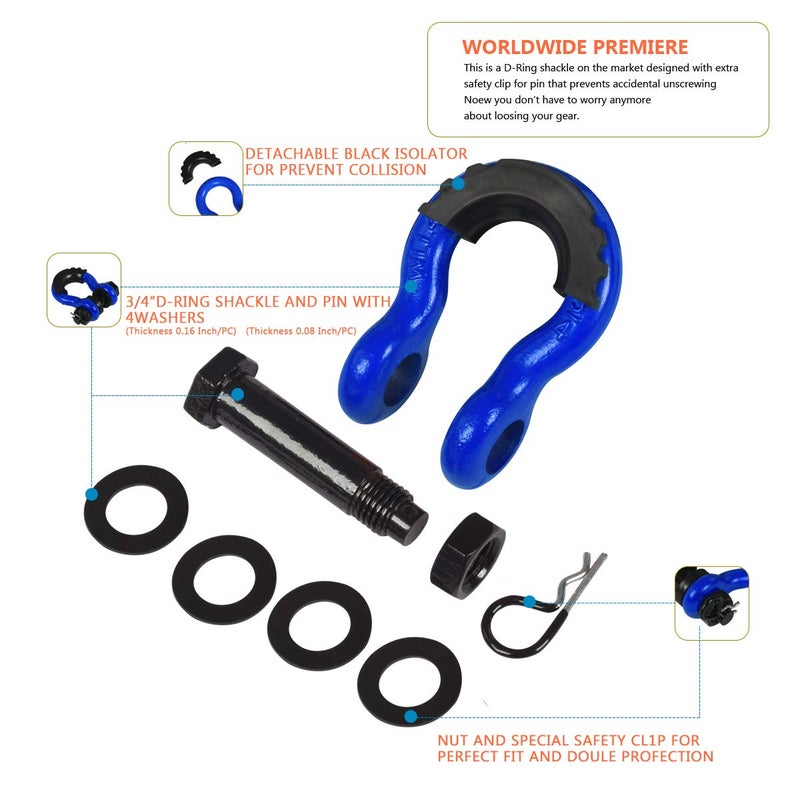 AMBULL Shackles 3/4 Inch D Ring Shackle (2 Pack) 45,000lb Break Strength with 7/8 Inch Pin, Isolator and Washer Kits for Use with Tow Strap, Winch, Off-Road Jeep Truck Vehicle Recovery, Blue - Image 5